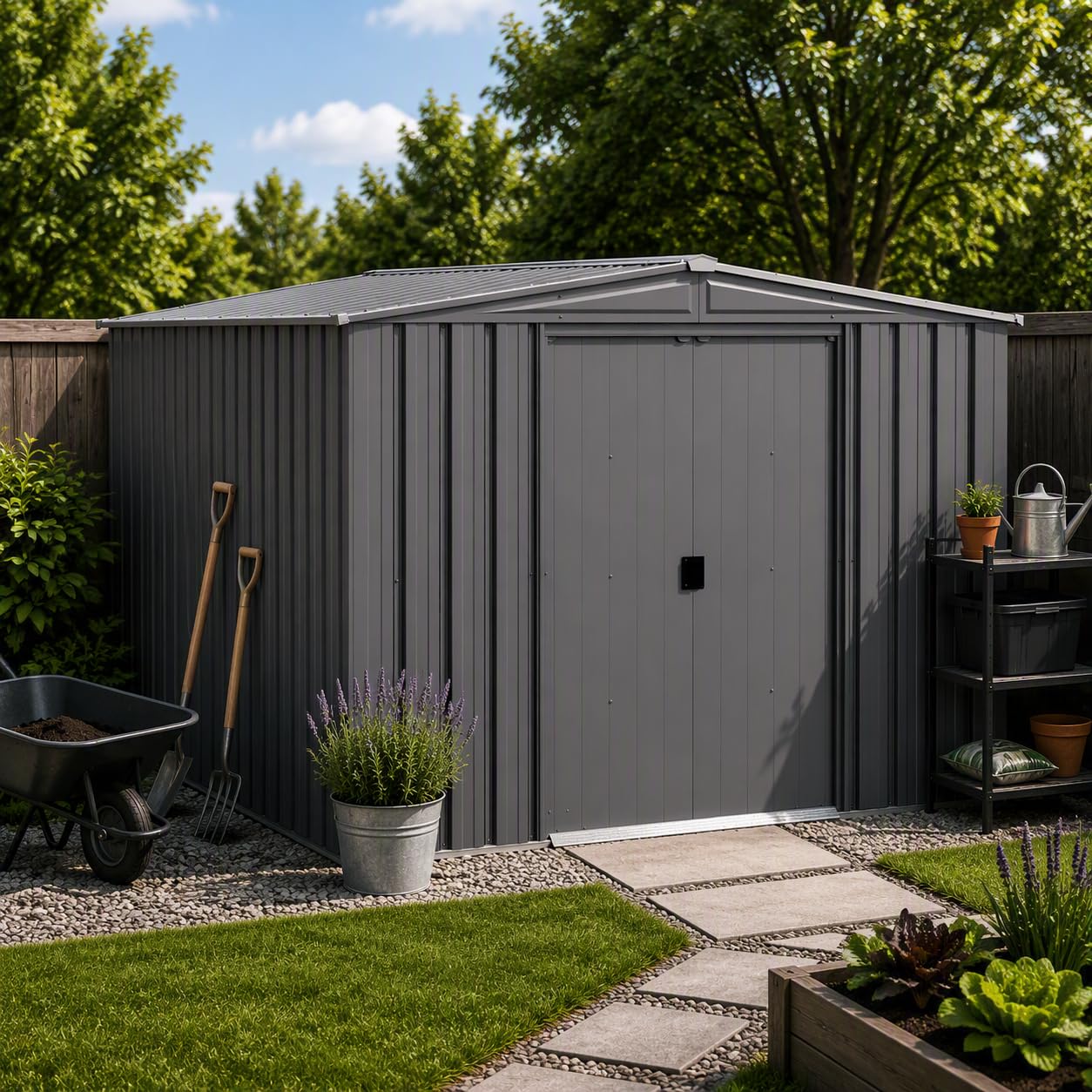Gardening Tools And Equipment - Steel Storage Shed Weatherproof Galvanized Metal